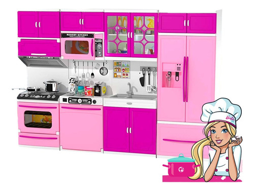 Jogo Cozinha Completa Geladeira Fogão Armário Infantil Rosa