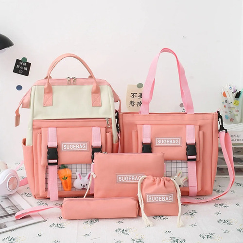 Set 5 Mochila Bolsas Escolar Estudiante Gran Capacidad Lona Rosa