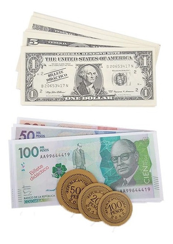 Billete Didáctico Surtido Dólar Y Peso Colombiano X 300 Pcs