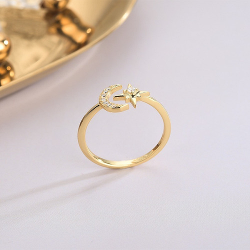 Imagen 4 de 6 de Anillo Luna Estrella Ajustable Baño De Oro 18k