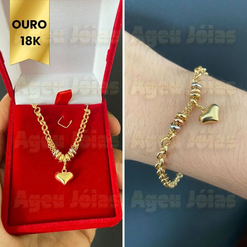 Pulseira Portuguesa Ouro 18k Com Pingente Coração Berloque
