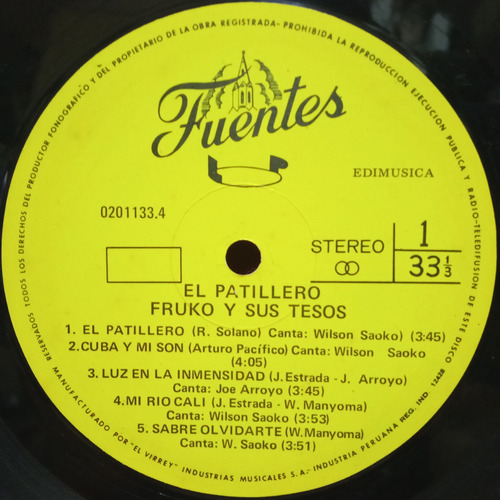 Fo Fruko Y Sus Tesos Lp El Patillero 1977 Peru Ricewithduck