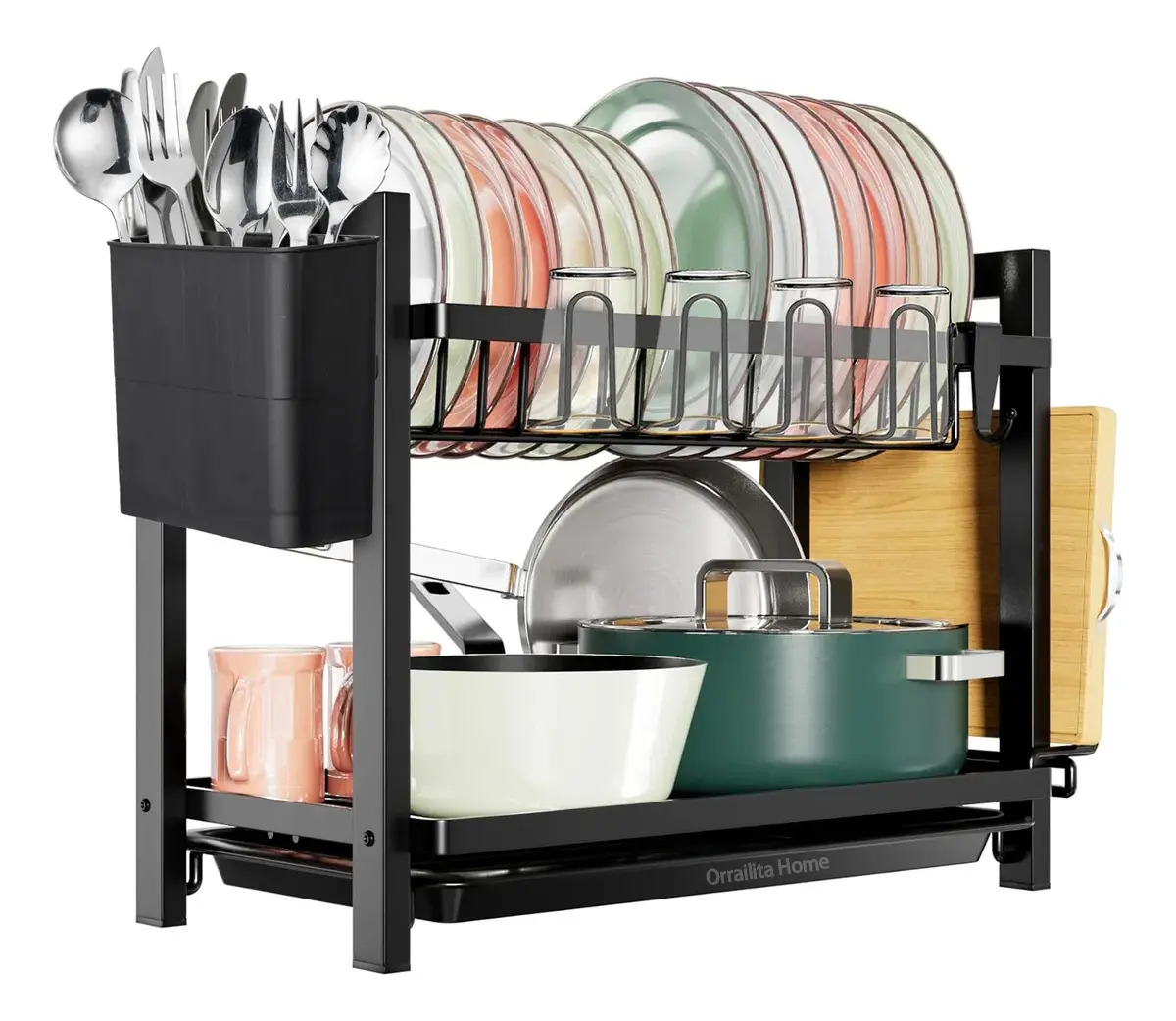 Escurreplatos De Doble Capa, Mejorado Con Rejilla Para Tazas Color Negro