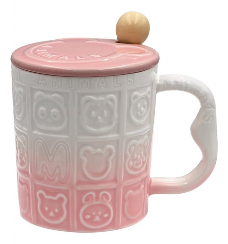 Taza De Cerámica Tapa Y Cuchara 350ml Animales Osito Gatito Rosa Pastel Animalitos