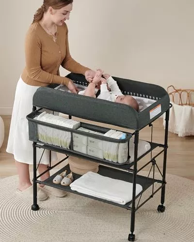 Cambiador portátil para bebé, cambiador plegable con ruedas, estación de  cambio de pañales portátil, mesa cambiadora de bebé de altura ajustable