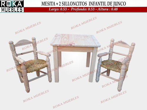 Imagen 1 de 2 de Mesa Infantil 53x53 + 2 Sillones Infantil De Junco Roka