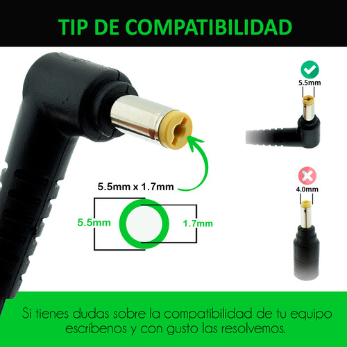 Cargador Compatible Acer Aspire 3 A315-53-52zz 19 V 2.37a V5-131-2677 E1 E5 M3 M5 V3 V5 S3 E5-422 E5-473 E5-522 E5-532 E5-474 E5-411 E5-421 E5-471 E5-511 65w 5.5mm X 1.7mm 028