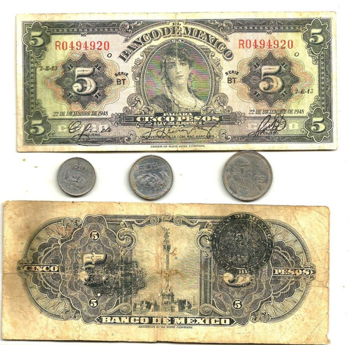 Monedas Mexicanas Y Billete De 5 Pesos Antiguo 1948 (uno)