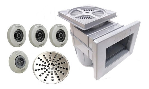 Kit Dispositivo Com 3 Retorno Aço Inox Piscina Alvenaria Sodramar Com Skimmer Pequeno Cinza 