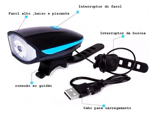 Lanterna Bike Farol Led C/ Buzina Bicicleta Recarregável Usb