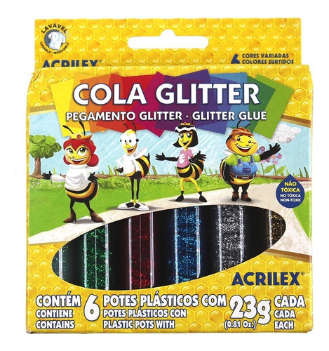 Cola Líquido Acrilex Colorida com Gliter 6 Cores 23g