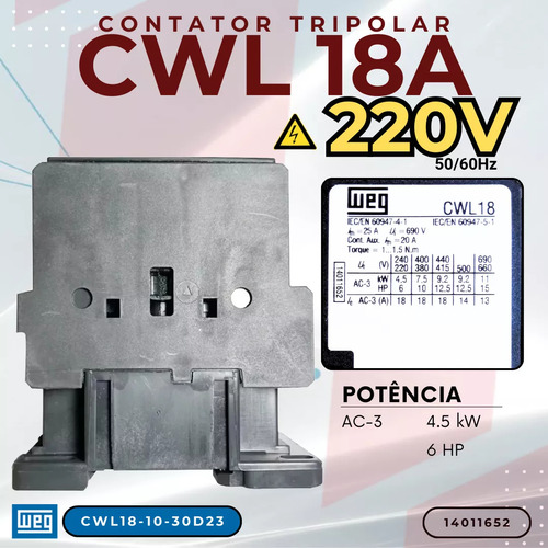 Contator WEG Cwl 18a relé sobrecarga Rwl 11 A 17a