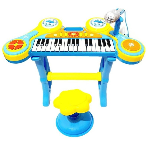 Organeta Piano Teclado Mp3 Para Niño, Color Azul Con Silla 