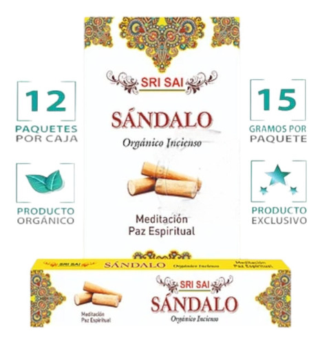 Incienso Orgánico Sándalo Sri Sai 12 Cajitas