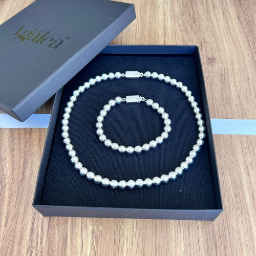 Imagen 8 de 10 de Collar Y Pulsera De Plata 925 Bolitas 8mm Set Mujer Agálea