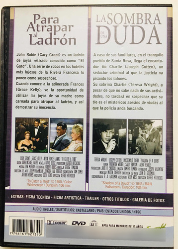 Dvd Doble Hitchcock Para Atrapar Al Ladrón/la Sombra Duda (Usado)