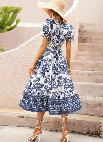 Vestido Largo De Mujer Con Estampado Floral En Cuello En V