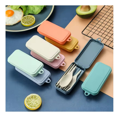 Juego De Cubiertos Portátiles Con Estuche Colores Set Comida Azul