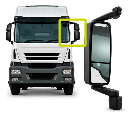 Retrovisor completo do lado esquerdo ao lado de um caminhão Iveco Tector branco