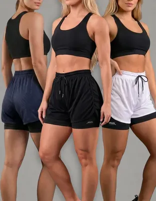 Kit 3 Short Fitness Feminino 2 Em 1 Compressão Cintura Alta Azul-marinho Preto E Branco Liso M