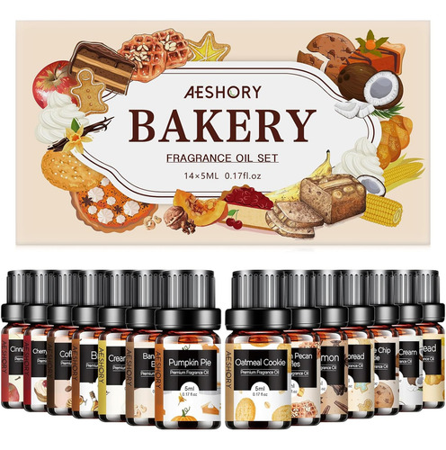 Aeshory Kit De 14 Aceites Esenciales Para Hornear Difusor Y Aromaterapia - Pastel De Calabaza, Pastel De Café, Pan De Jengibre, Tarta De Queso Con Cerezas, Waffles De Calabaza Y Nueces, Galleta Con
