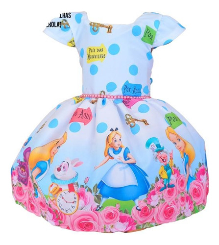 Vestido Alice No Pais Das Maravilha Pérola Temático Infantil