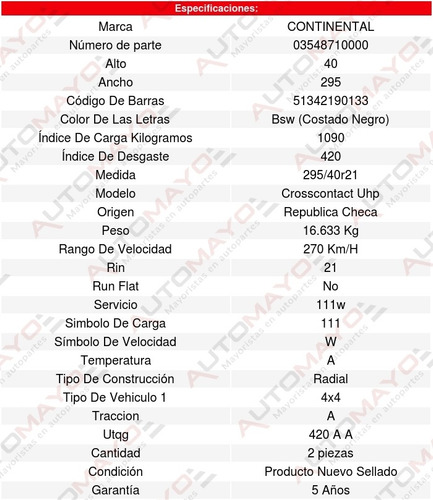 Pack 2 Llantas 295/40r21 111w Continental Crosscontact Uhp