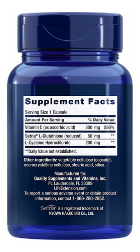 Imagen 2 de 2 de Lifeext Glutathione, Cysteine & Vitamina C 100 Cápsulas