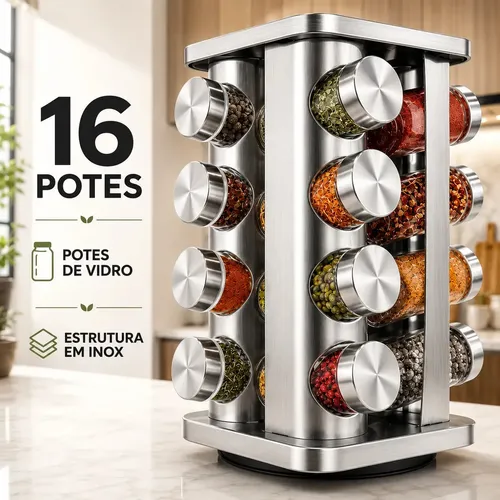Porta Temperos Condimentos Inox Kit 16 Unidades Potes Vidro Base Giratório 360 Preto Organizador  Cozinha Dosador Sólar