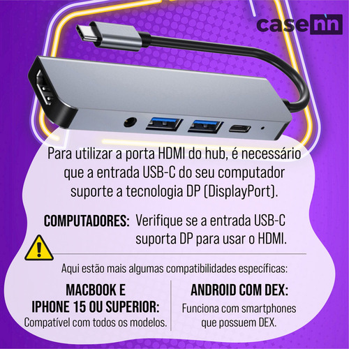 Hub Adaptador Tipo C Usb 3.0 Audio P2 Hdmi 4k 5 Em 1 Multiportas P/ Macbook Air Pro M Pc Smartphone Notebook Para Android Com Modo Dex Casenn