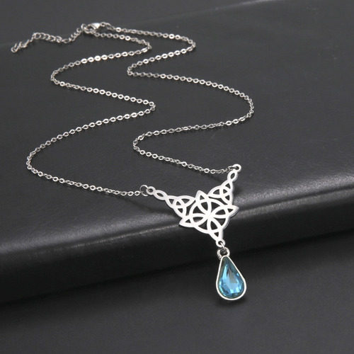 Imagen 7 de 7 de Collar Dije Nudo Bruja Mujer Cristal Gota Azul Acero Plata