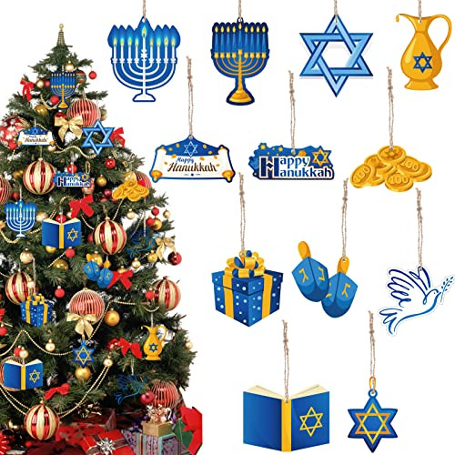 24 Piezas De Adornos De Hanukkah De Madera, Menorá, Dr...