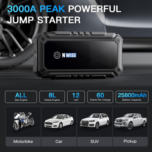 Arrancador De Coche, 3000 A Pico 25800 Mah Batería Portátil