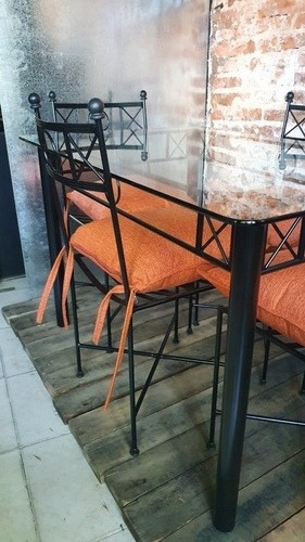 Imagen 3 de 7 de Mesa Comedor 120x80 + 4 Sillas Hierro Cristal 10mm Almohadon