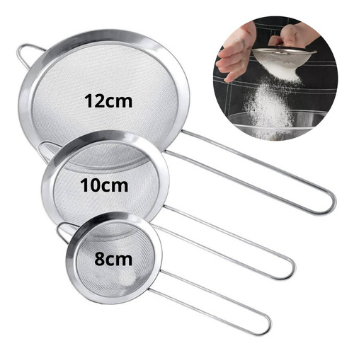 Kit 3 Peneiras Aço Inox Coador 8cm 10cm E 12cm Filtro Café