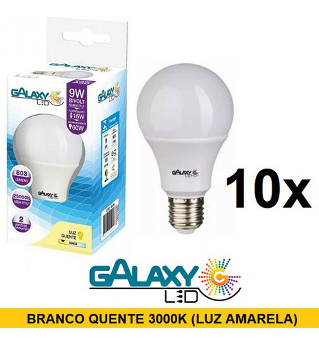 Kit 10 Lâmpadas Led 9w Bulbo Branco Quente Bivolt Galaxy