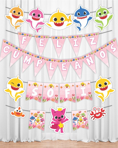 Baby Shark Rosa Banderines Imprimibles Para Cumpleaños