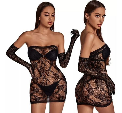 Moda Lencería Sexy Babydoll Con Guantes De Encaje Dos Piezas