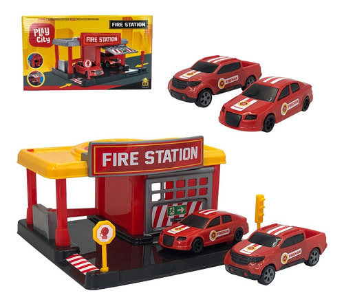 Estação Pista De Brinquedo Bombeiro Fire Com 2 Carrinhos