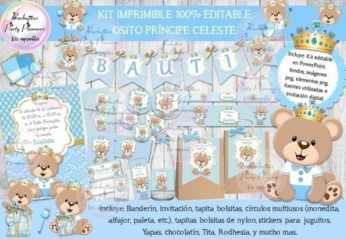 Kit Imprimible Oso Osito Principe Celeste 100% Editable