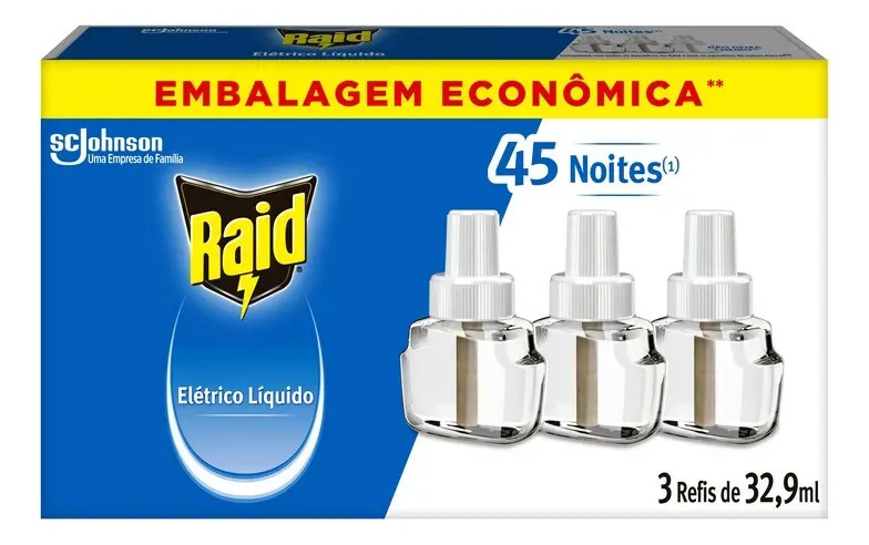 Repelente Eletrico Líquido Raid 45 Noites 3 Refis de 32,9ml