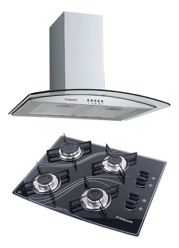 Fogão Cooktop 4 Bocas Preto + Coifa Curva 60cm