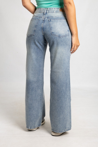 Jeans Wide Leg Tiro Bajo Rigido De Mujer Calce Perfecto