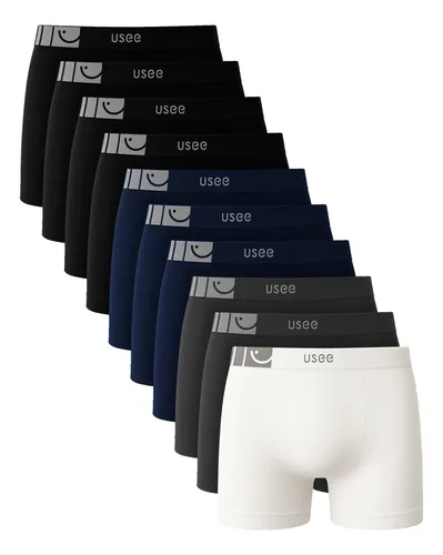 Kit com 10 cuecas boxer Usee Brasil em diversas cores empilhadas verticalmente