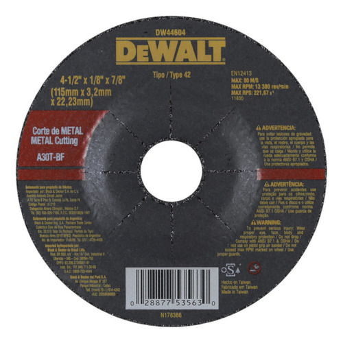 Dw44604 - Disco Corte Metal 4-1/2'' X 1/8''