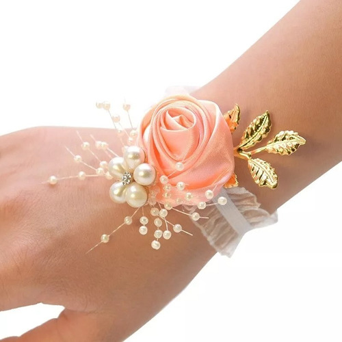 Pulsera Flor Corsage Dama Honor Novia Muñeca Rosa Salmón 