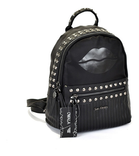 Mochila Cuero Sintetico Mujer Las Oreiro Tachas Urbana Negra