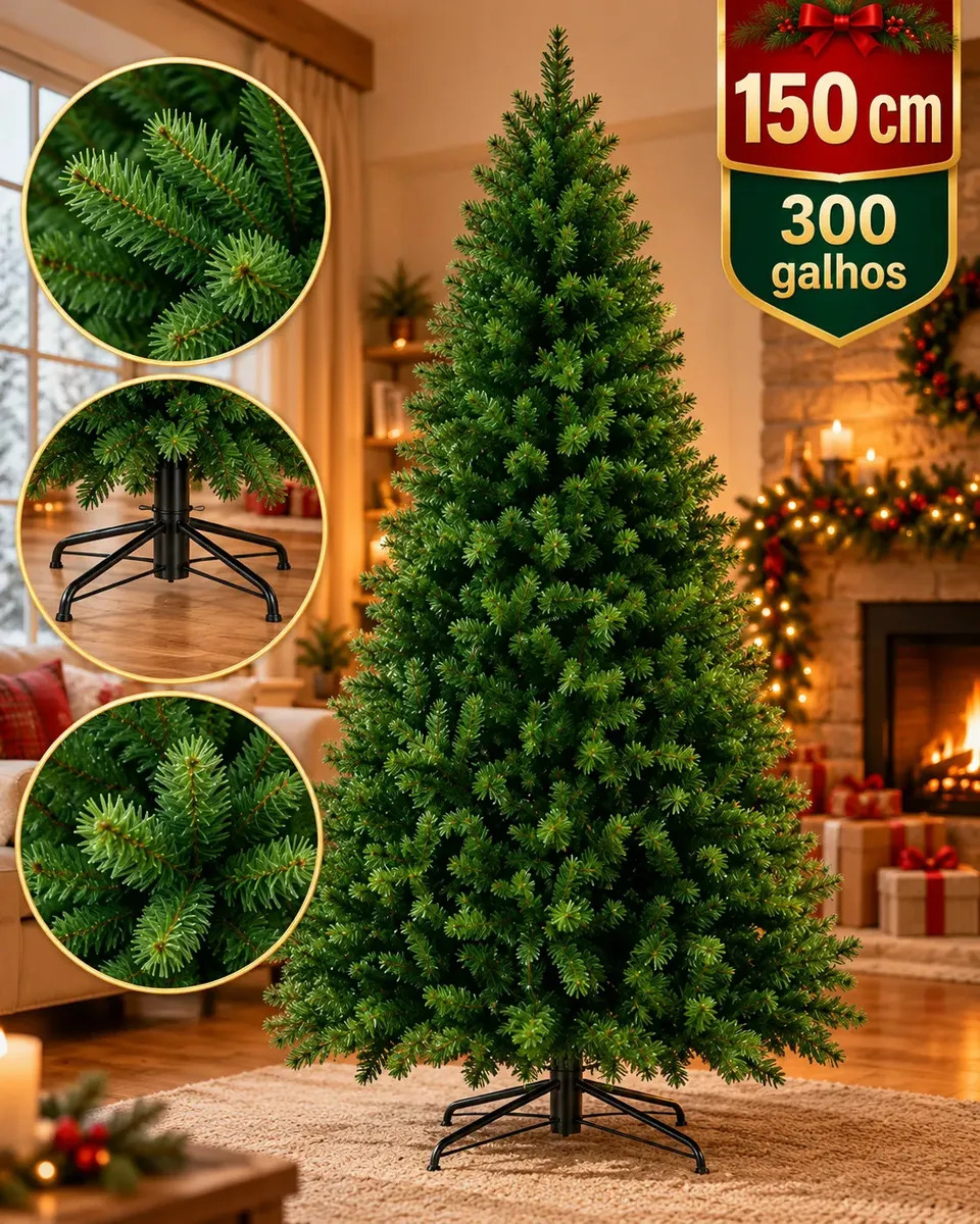 Árvore de Natal 1,5m 300 Galhos Pinheiro Verde Cheia Artificial Decorativa Premium com Base Metálica Reforçada Fácil Montagem para Sala Casa Loja Carinho Na Barriga