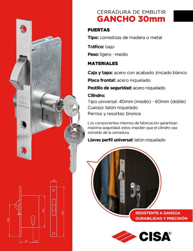 Imagen 4 de 6 de Cerradura Gancho Cisa Cilindro Europerfil 30mm Medio 3 Llave