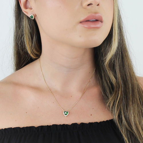 Conjunto Colar Brinco Corações Pedra Verde Banhado Ouro Kit